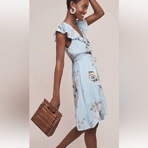 Maeve Anthropologie Light Blue Floral Rosalia Wrap Dress size 6
